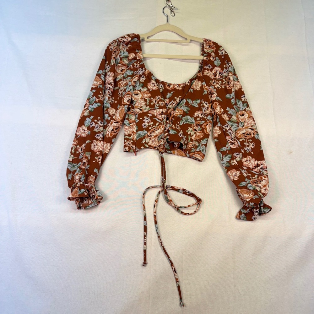 Altar'd State Rust Floral Lace Up Back Crop Top Long Sleeve Blouse Small - Picture 2 of 7